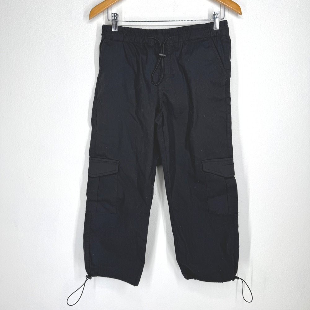 Vintage Black Cargo Crop Pants Elastic Waist Toggle Hem Size 6 Utility Gorpcore